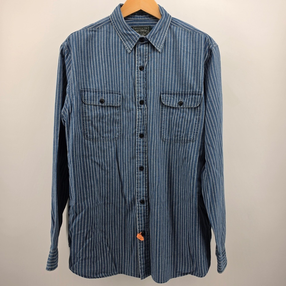 Polo Country Ralph Lauren Mens Classic Fit Indigo Striped L/S Work Shirt Sz XXL
